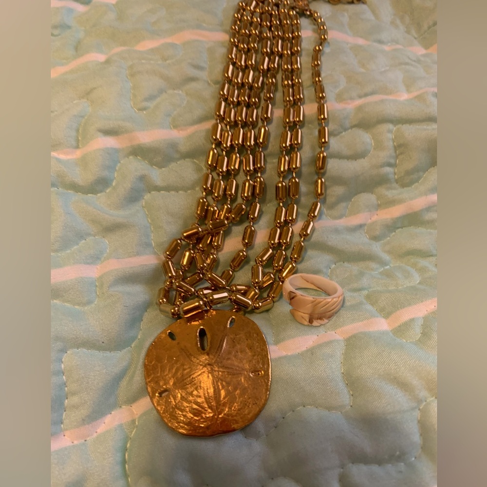 Sand Dollar Pendant 4 Strand Necklace GoldTone And Carved Shell Ring